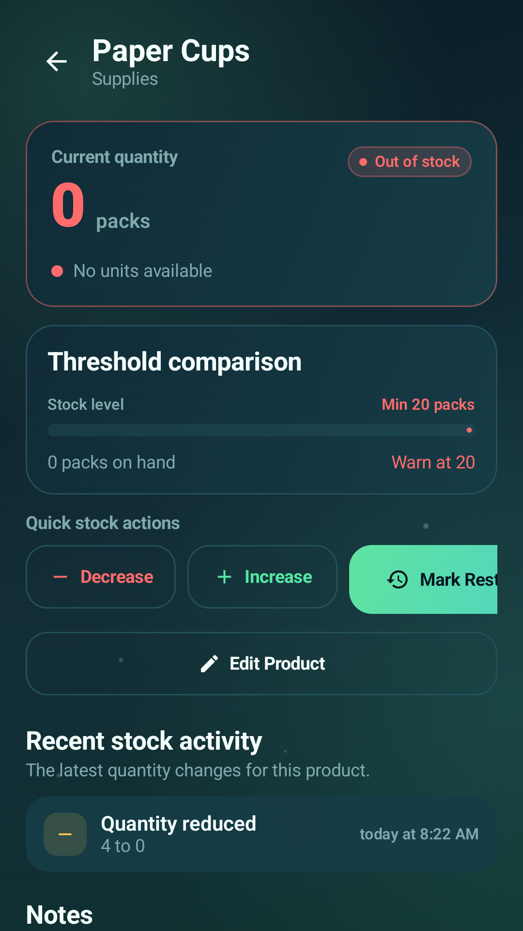 Product details screen with threshold comparison